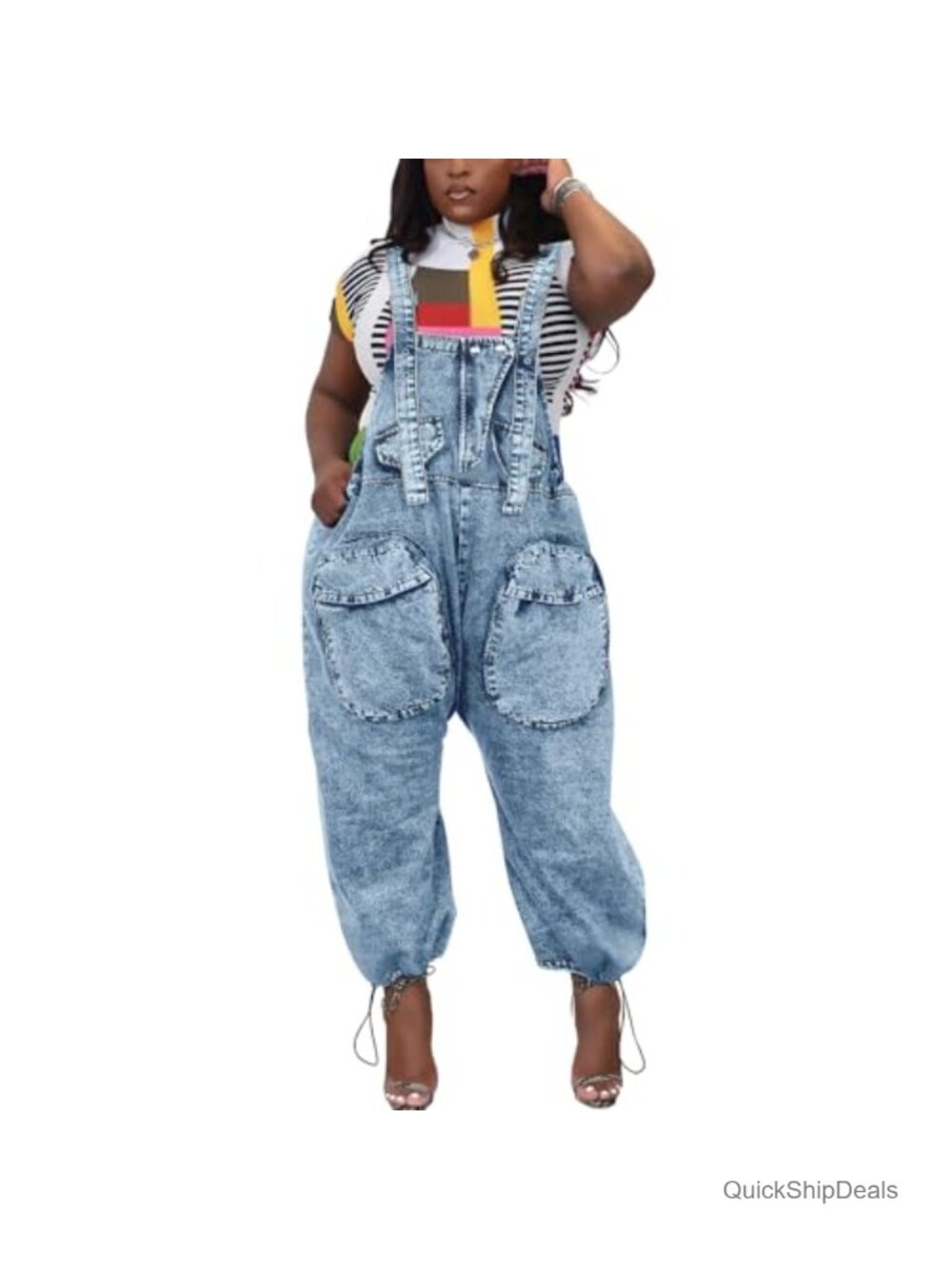 Women's Bib Denim Overalls Loose Wide Leg Jean Jumpsuit with Cargo Pockets